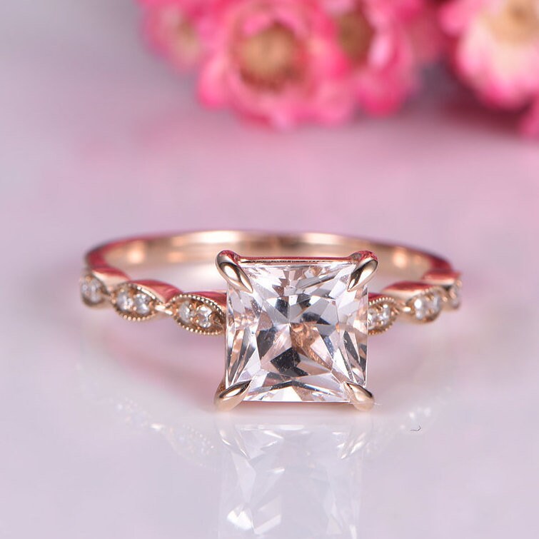 Morganite Engagement Ring Rose Gold 7mm Princess Cut Natural | Etsy