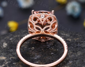 5ct Morganite engagement ring pink morganite ring big cushion shape natural gemstone with thin diamond wedding band solid 14k rose gold