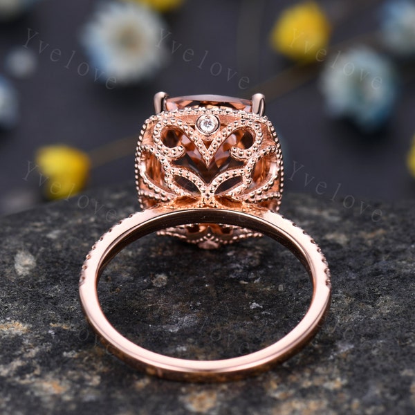 5ct Morganite engagement ring pink morganite ring big cushion shape natural gemstone with thin diamond wedding band solid 14k rose gold