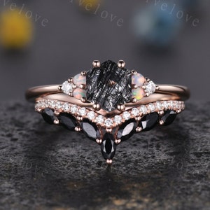 パリピブタ リング 天然石 Unique Hexagon Black Rutilated Quartz Engagement Ring Set