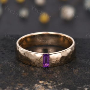 Mens Amethyst Wedding Band Baguette Cut Amethyst Band 5mm Solid Gold Ring Mens Hammered Stacking Matching Band Retro Vintage Ring Gift