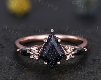 Gothic Kite Cut Sandstone Engagement Ring,Unique Bridal Ring,Marquise Black Rutilated Quartz,Galaxy Sandstone Promise Ring Gift For her