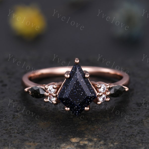 Gothic Kite Cut Sandstone Engagement Ring,Unique Bridal Ring,Marquise Black Rutilated Quartz,Galaxy Sandstone Promise Ring Gift For her