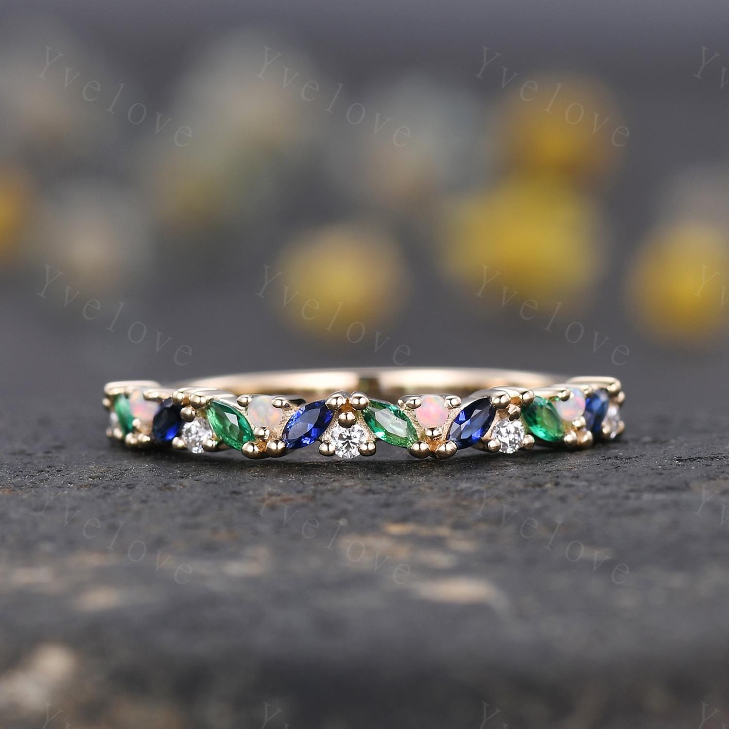 Emerald sapphire wedding band half eternity art deco opal ring gold ring marquise gems promise bridal stacking matching band May birthstone