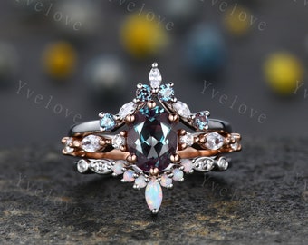 Vintage alexandrite engagement ring set,Unique gold wedding set,Art deco opal alexandrite matching stacking ring,bridal set,rings for women