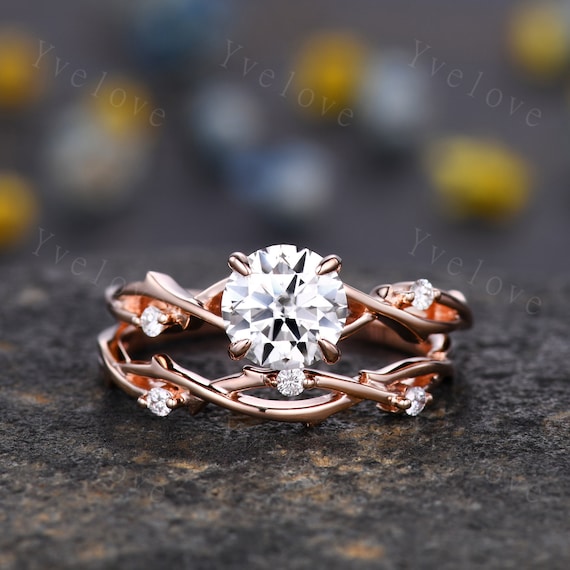 1.2 Carat Pear Shaped Moissanite Engagement Ring Set Nature Inspired Bridal  Set