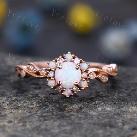 Vintage Opal Engagement Ring Rose Gold White Opal Diamond - Etsy