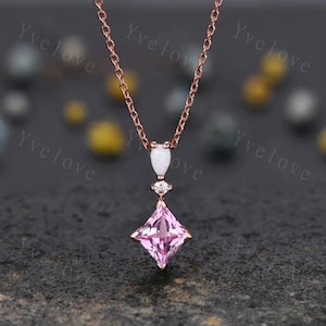 Vintage unique lozenge pink sapphire necklace 14k rose gold opal diamond personalized pendant for women anniversary bridal gift for women