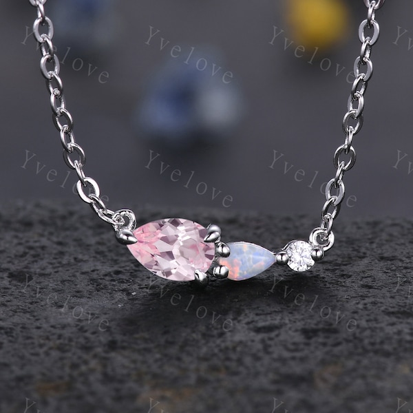 Unique Pink Sapphire Opal Necklace,Pear Cut Gems,Art Deco Diamond Delicate Dainty Necklace,3 Stone Unique Women Bridal Gift,Birthday Gift