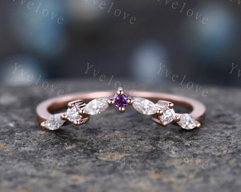Natural Amethyst Matching Band Curved shape stacking band diamond wedding ring 14k rose gold art deco marquise matching band customized gift