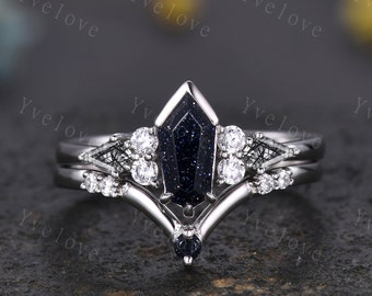 Gothic Coffin Cut Sandstone Engagement Ring Set,Unique Nebula Ring,Kite Black Quartz Ring,Sterling Silver Galaxy Diamond Anniversary Gift