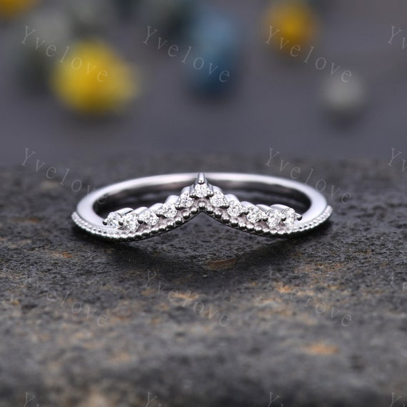 Curved Wedding Band 14k Sold White Gold Diamond Ring Women Chevron