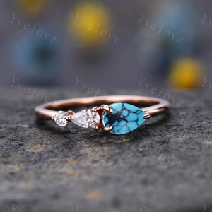 Vintage Turquoise Ring Engagement Ring,Pear Cut Gems,Art Deco Moissanite Wedding Band,3 Stone Unique Women Bridal Promise Ring,Rose gold