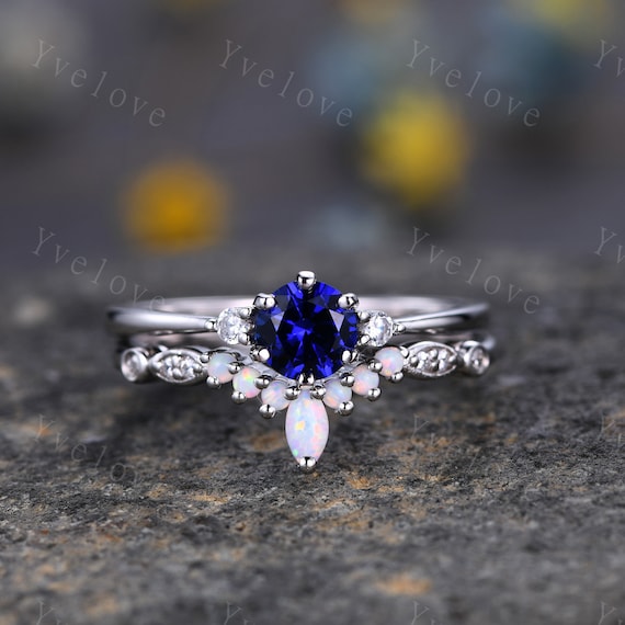 Blue sapphire ring set diamond engagement ring white gold eternity opal curved stacking matching band promise jewelry September birthstone