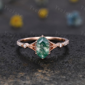 Vintage Long Hexagon Cut Moss Agate Ring Diamond Rose Gold Band Natural Green Moss Agate Jewelry Art Deco Promise Engagement Ring For Women