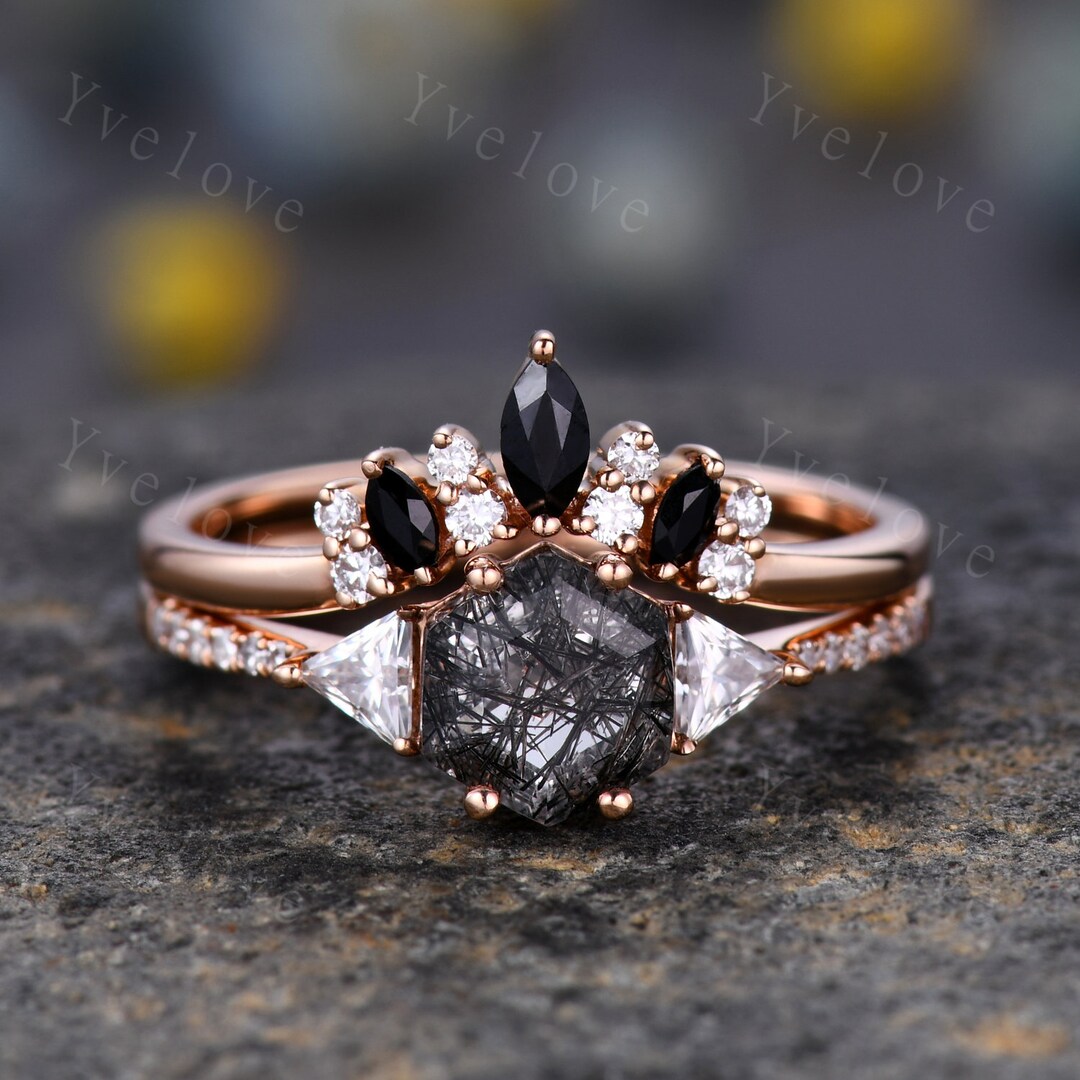 Hexagon Cut Black Rutilated Quartz Engagement Ring,vingate Bridal Ring ...