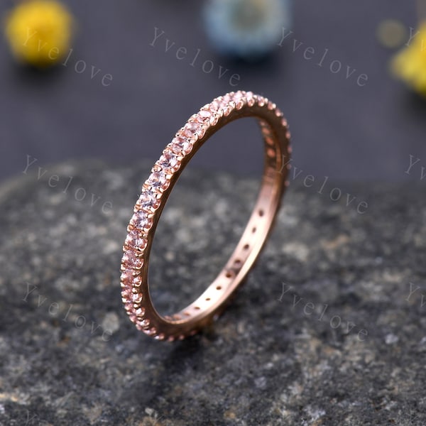 Pink Morganite wedding ring full eternity morganite engagement ring danity wedding band  sterling silver women matching band stacking ring