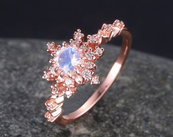 Vintage moonstone ring,moonstone engagement ring,rose gold wedding ring,rainbow moonstone,diamond/moissanite halo,June birthstone jewelry