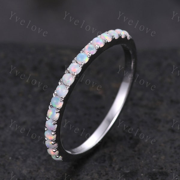 1.5mm Opal Ring,Opal Wedding Band,14K White Gold,Half Eternity Band,Stacking Ring,Matching Band,Promise Ring,Anniversary Gift for Women