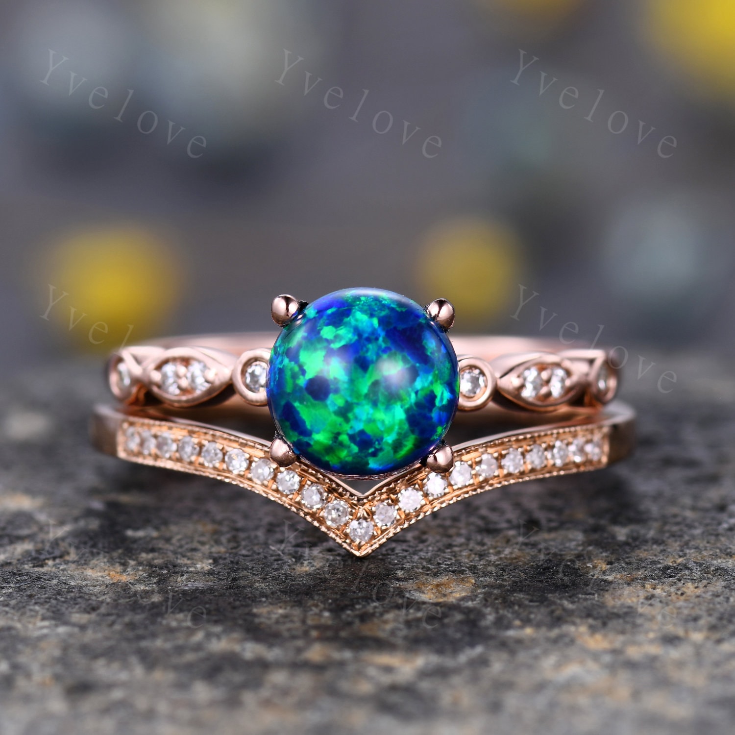 Vintage Black Opal Engagement Ring Set art Deco Opal Ring Set