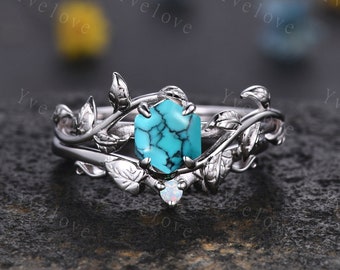Hexagon Turquoise Ring Set,Vintage Twig Vine Leaf Ring,Unique Turquoise Opal Engagement Ring,Birthday Promise Anniversary Bridal Ring Gift