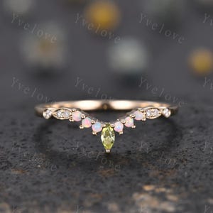 V Curved Wedding Band Vintage Gold Women Marquise Cut Peridot Opal Ring Unique Diamond Jewelry Stacking Matching Anniversary Gifts For Her