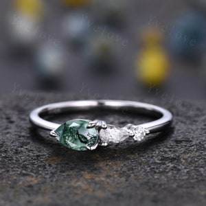 Vintage Moosachat Ring Verlobungsring,Pear Cut Gems,Art Deco Moissanite Wedding Band, 3 Stein Einzigartiger Frauen Brautversprechen Ring Weißgold