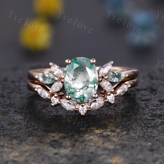 Moss Agate Engagement Ring Set Women Stacking Matching Band