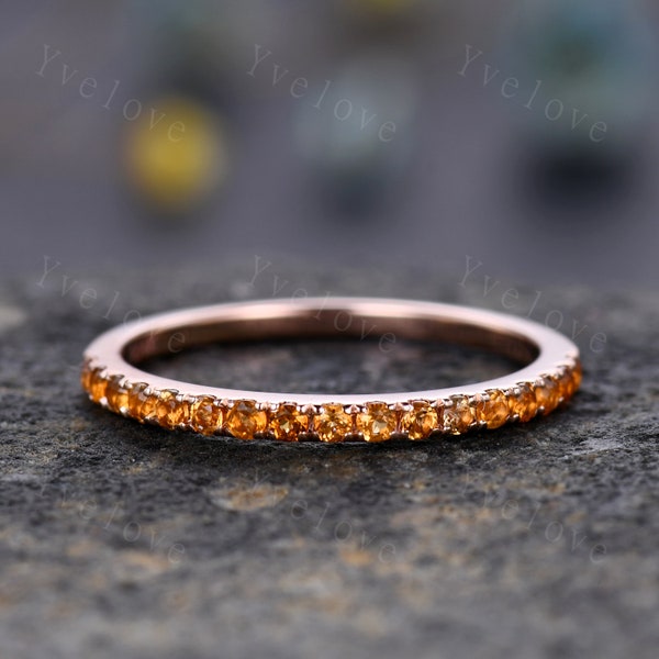 Danity citrine wedding ring 14k rose gold wedding band half eternity yellow band citrine matching stacking ring anniversary gift for women