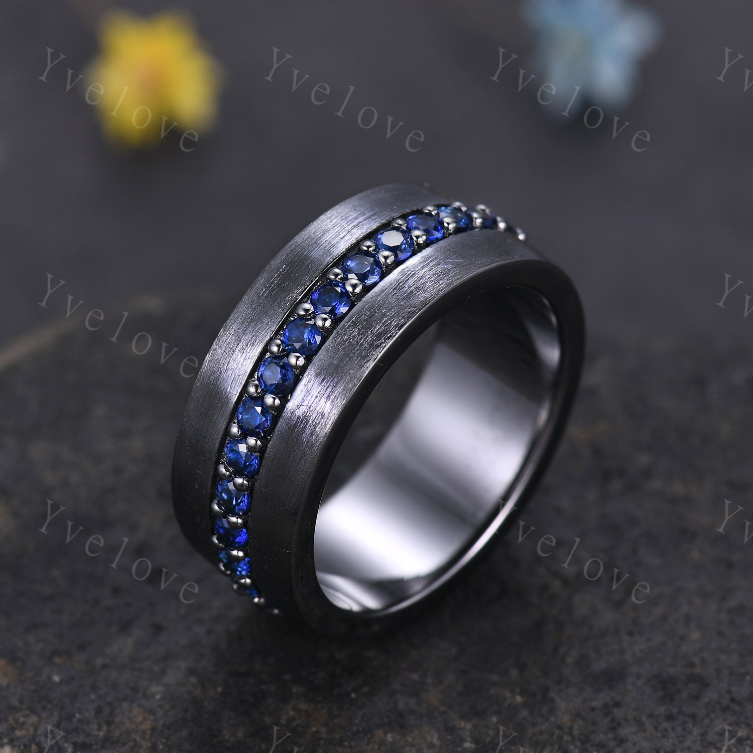 Mens black wedding band with blue sapphire sale