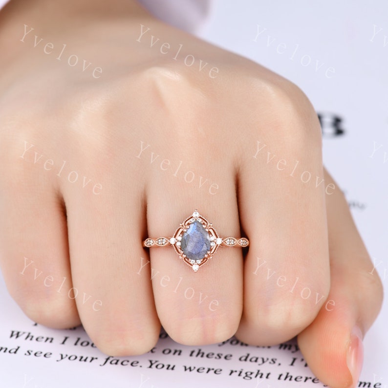 Vintage Labradorite Engagement Ring,Pear Shape Labradorite Ring,14K Solid Gold Ring,Unique Women Moissanite Promise Ring For Her,Handmade image 7