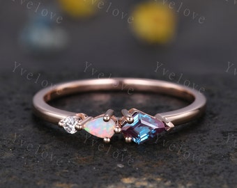Unique Alexandrite Opal Engagement Ring,Kite Cut Gems,Art Deco Moissanite Wedding Band,3 Stone Unique Women Bridal Promise Ring,Customized