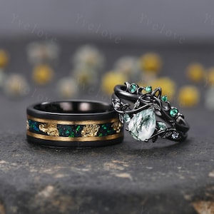 Teardrop Green Moss Agate Ring Set,His and Her Wedding Band,Emerald Black Tungsten Ring Matching Nature Couples Ring Black Engagement Ring