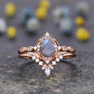 Vintage Labradorite Engagement Ring,Pear Shape Labradorite Ring,14K Solid Gold Ring,Unique Women Moissanite Promise Ring For Her,Handmade image 8