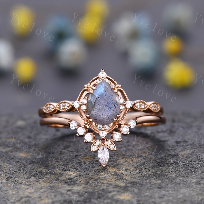 Vintage Labradorite Engagement Ring,Pear Shape Labradorite Ring,14K Solid Gold Ring,Unique Women Moissanite Promise Ring For Her,Handmade image 8