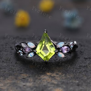 Vintage Kite Cut Green Peridot Engagement Ring,Black Gold,Vines Amethyst Opal Ring,Women Bridal Set,Unique Anniversary Promise Ring Gift