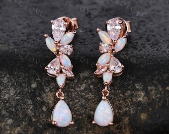 Unique Opal Moissanite Earrings,Art Deco White Opal Delicate Dainty Earrings Bridal earrings drop Wedding earrings Wedding jewelry Gift