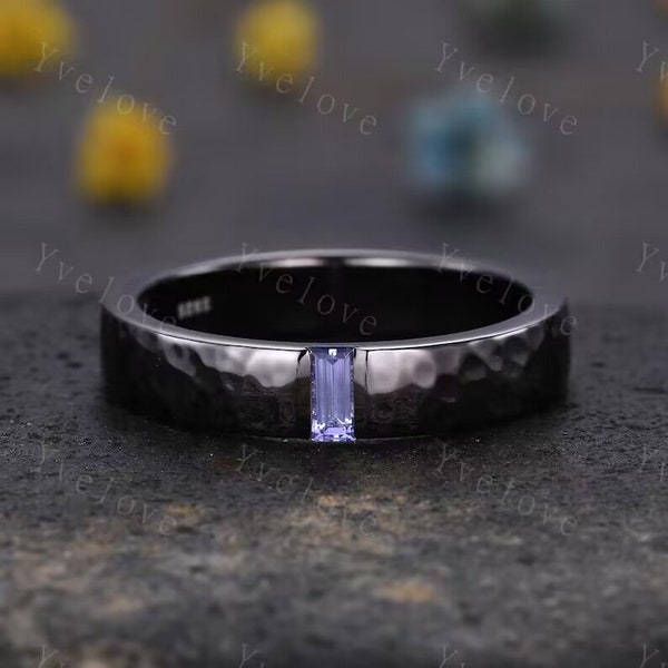 Mens Tanzanite Wedding Band Baguette Cut Tanzanite Band 5mm Black Gold Ring Mens Hammered Stacking Matching Band Retro Ring Gift For Father