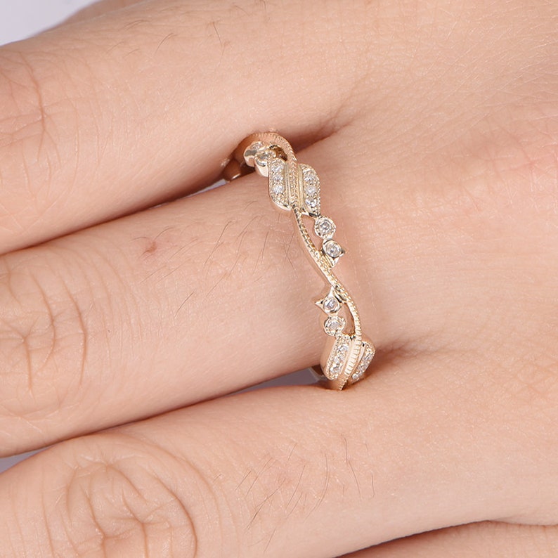 Half eternity floral diamond wedding band 14k yellow gold promise ring natural SI diamonds matching stacking ring anniversary gift