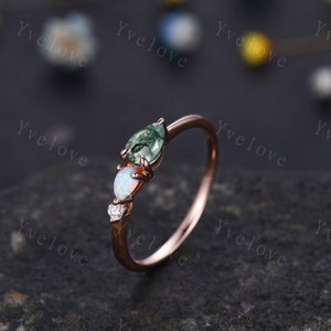Unique Moss Agate Opal Engagement Ring,Pear Cut Gems,Art Deco Moissanite Wedding Band,3 Stone Unique Women Bridal Promise Ring,Customized image 4
