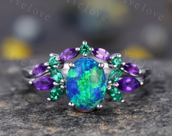 Blue Opal Wedding Ring Set Oval Opal Engagement Ring  Emerald Amethyst Wedding Ring Three Birthstones Family Stone Jewelry Anniversary Gift