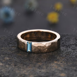 Mens London Blue Topaz Wedding Band Baguette Cut Blue Gem Band 5mm