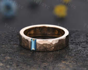 Mens London Blue Topaz Wedding Band Baguette Cut Blue Gem Band 5mm Solid Gold Ring Hammered Stacking Matching Band Retro Vintage Ring Gift