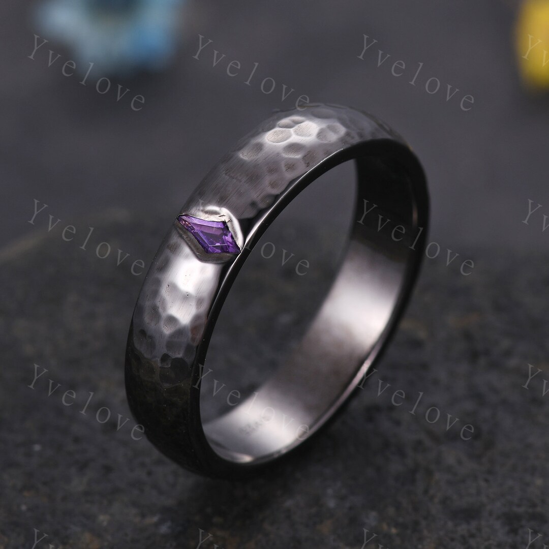 Mens Kite Amethyst Wedding Band Retro Black Gold Ring Mens Hammered