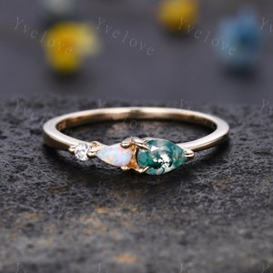 Unique Moss Agate Opal Engagement Ring,Pear Cut Gems,Art Deco Moissanite Wedding Band,3 Stone Unique Women Bridal Promise Ring,Customized image 8