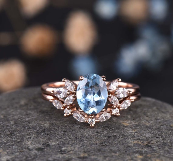 Aquamarine Ring Set Aquamarine Engagement Ring Moissanite Band