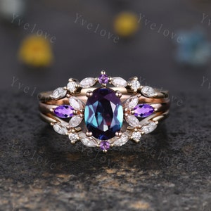 Vintage Alexandrite Engagement Ring Enhancer Ring Rose Gold Women Moissanite Amethyst Gem Promise Bridal Stacking Matching Ring Set Gift