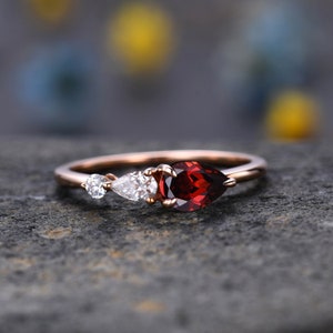 Vintage Red Ruby Ring Engagement Ring,Pear Cut Gems,Art Deco Moissanite Wedding Band,3 Stone Unique Women Bridal Promise Ring,Rose gold image 10