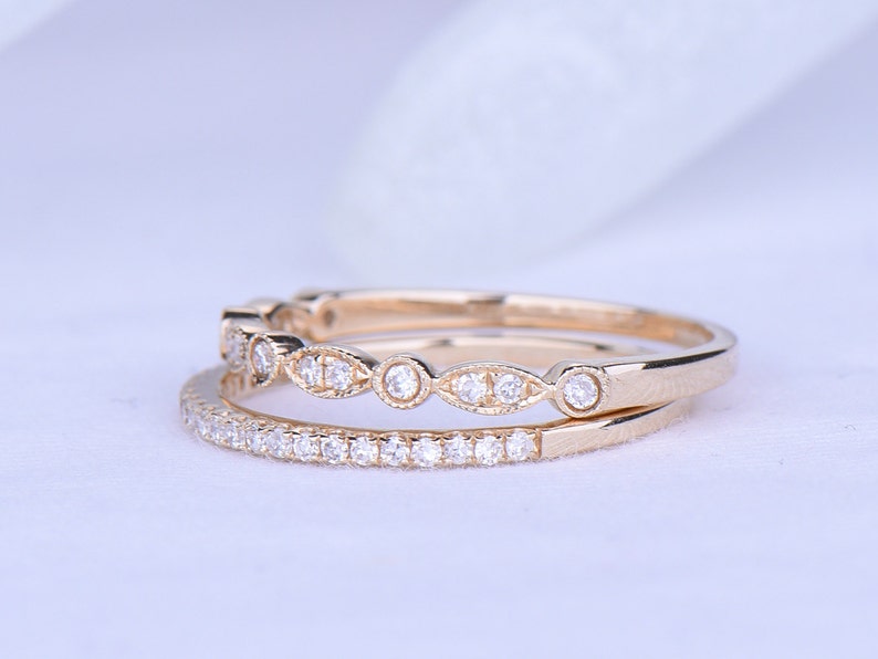 Diamond wedding ring Set diamond wedding band half eternity ring engagement ring stacking matching band Milgrain style solid 14k rose gold image 2