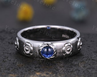Howls Moving Castle Ring 4mm Round Natural Blue Sapphire Wedding Band S925 Silver Ring Howl&#39;s Ring Sophie&#39;s Ring Stacking Matching Band Gift